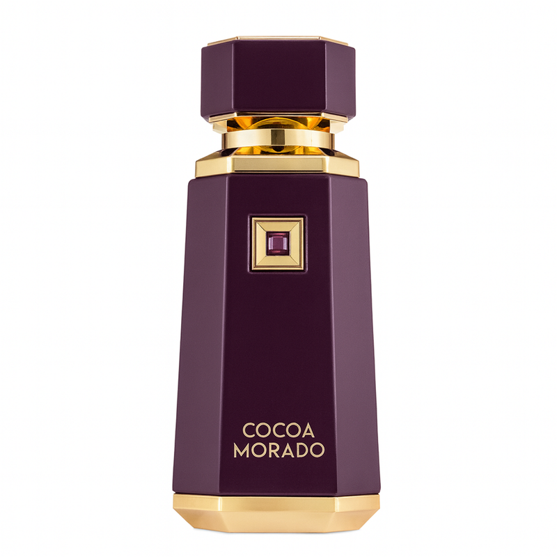 Elegant perfume bottle labeled 'Cocoa Morado,' featuring a deep purple, faceted design with gold accents.