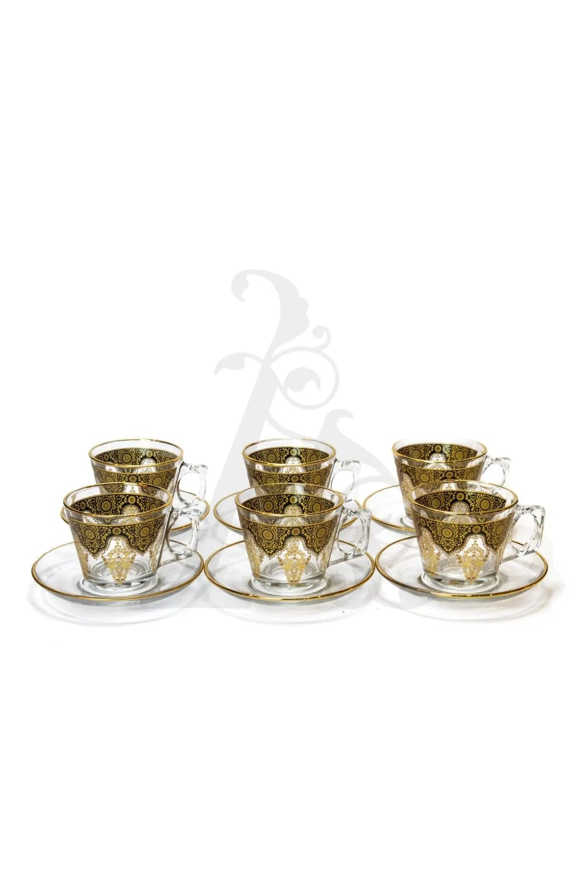 Short Glass Tea/Coffee Cup and Saucer Set With Handle and Black Border 12pcs 97302 - Lemons