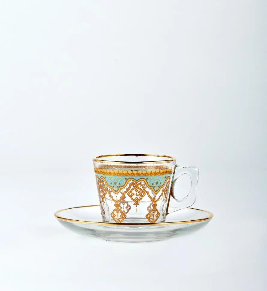 Short Glass Tea/Coffee Cup and Saucer Set With Handle and Green Border 12pcs 97302 -  Lemons -  Armani Gallery