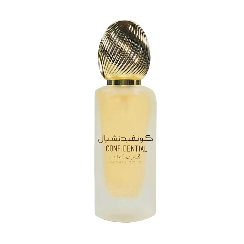 The image features a single bottle of perfume or hair mist with a design that gives a sense of luxury. The bottle has a gradient from yellow to white, suggesting a golden hue at the bottom that fades to a clearer top. It has a metallic, ribbed cap that appears gold in color. The bottle is labeled with the word "CONFIDENTIAL" in uppercase letters, along with Arabic script above it. 