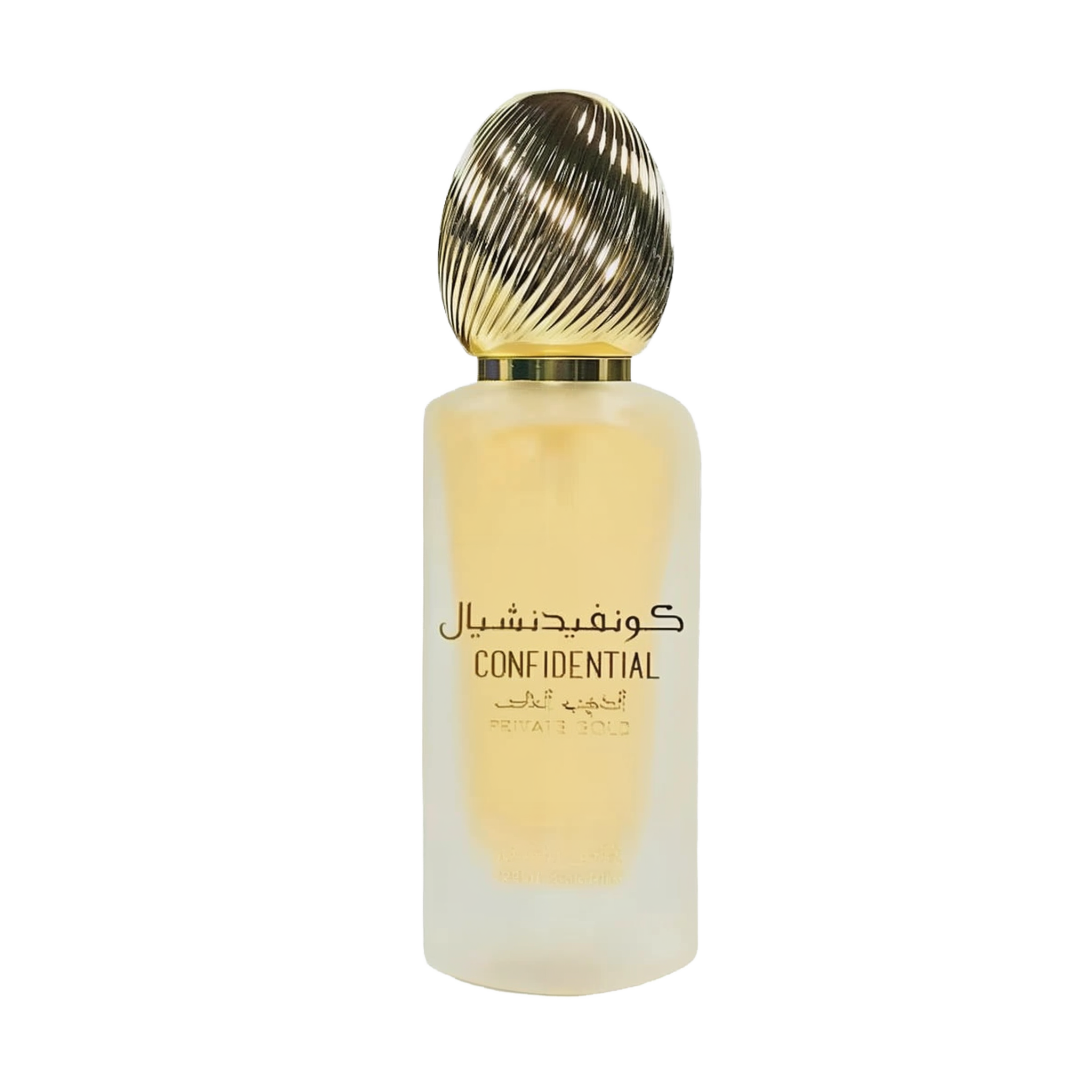 The image features a single bottle of perfume or hair mist with a design that gives a sense of luxury. The bottle has a gradient from yellow to white, suggesting a golden hue at the bottom that fades to a clearer top. It has a metallic, ribbed cap that appears gold in color. The bottle is labeled with the word "CONFIDENTIAL" in uppercase letters, along with Arabic script above it. 