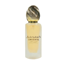 The image features a single bottle of perfume or hair mist with a design that gives a sense of luxury. The bottle has a gradient from yellow to white, suggesting a golden hue at the bottom that fades to a clearer top. It has a metallic, ribbed cap that appears gold in color. The bottle is labeled with the word "CONFIDENTIAL" in uppercase letters, along with Arabic script above it. 