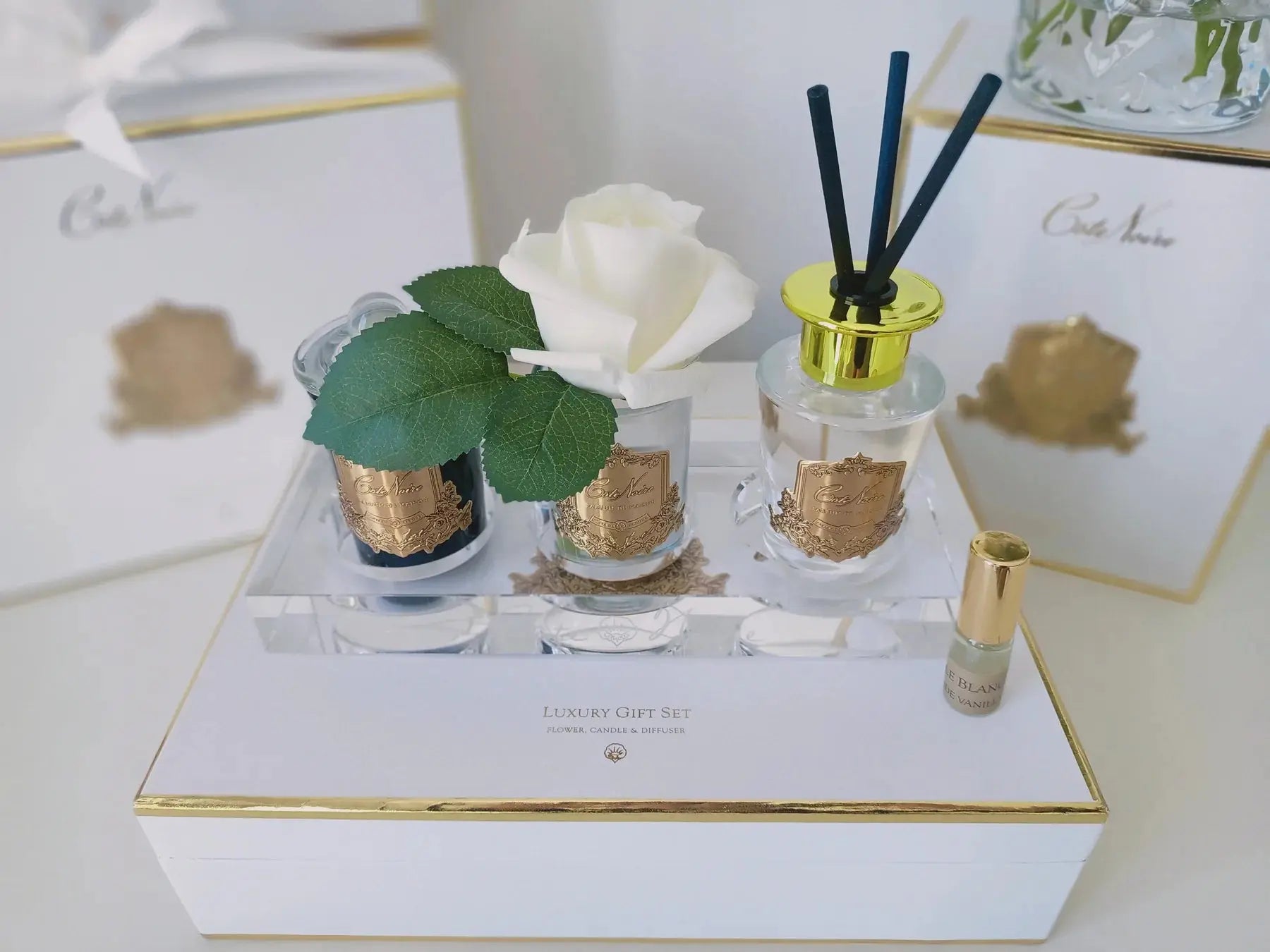 The image features a luxurious Cote Noire gift set displayed on a white box with gold trim. The set includes a clear glass diffuser with a gold lid and black reeds, and two smaller glass containers, each holding a perfumed white rose and labeled with gold text. A single bottle of perfume with a gold cap is also part of the set. The elegant presentation is enhanced by a clear acrylic tray beneath the items and a matching gift box in the background.