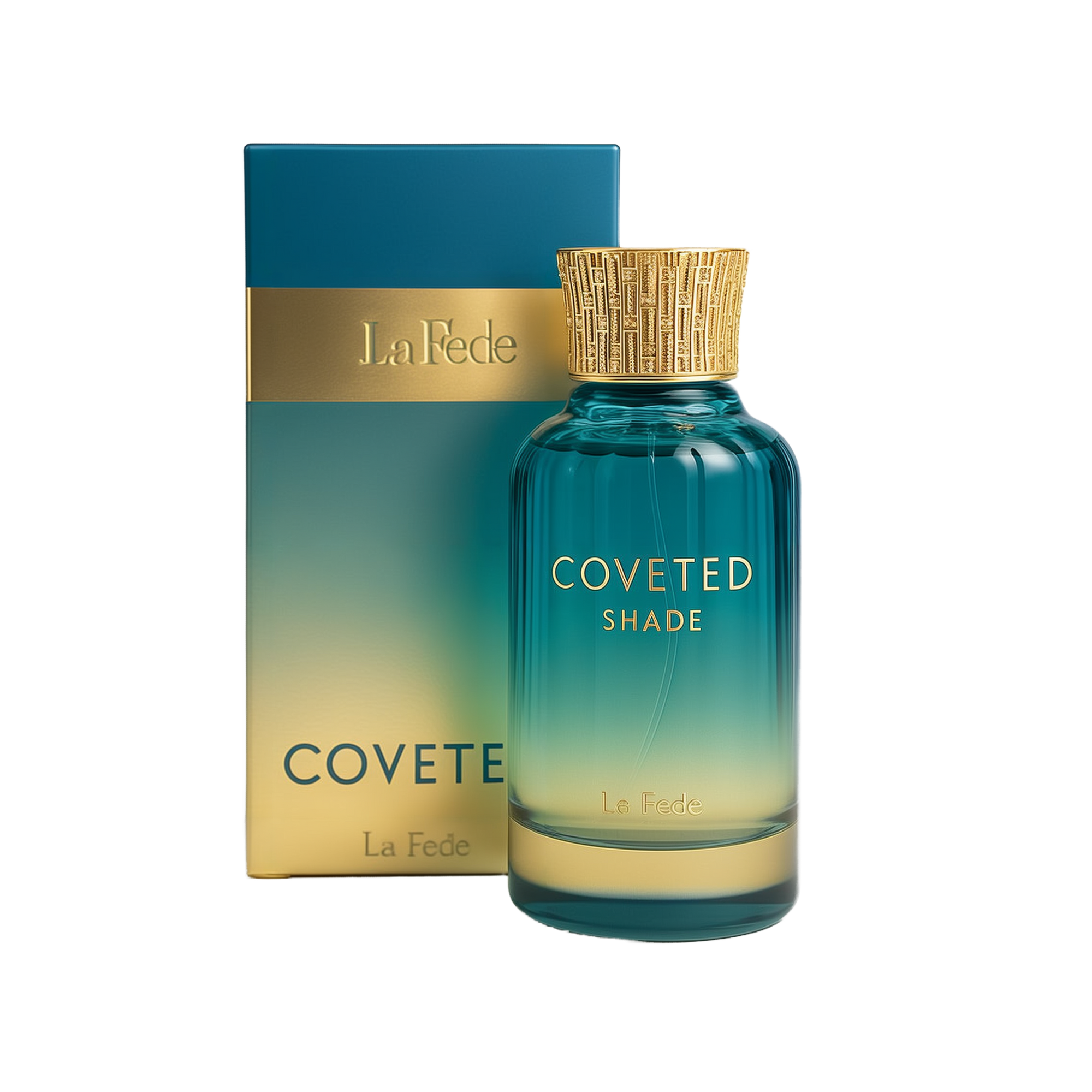 A bottle and packaging of Coveted Shade Eau De Parfum by La Fede. The perfume bottle features a gradient design transitioning from teal blue at the top to a golden hue at the bottom, with gold embossed text reading "COVETED SHADE" and "La Fede." It has a textured, cylindrical gold cap with an intricate pattern. The box beside it mirrors the bottle's color scheme, with a gold band across the top section bearing the "La Fede" logo.