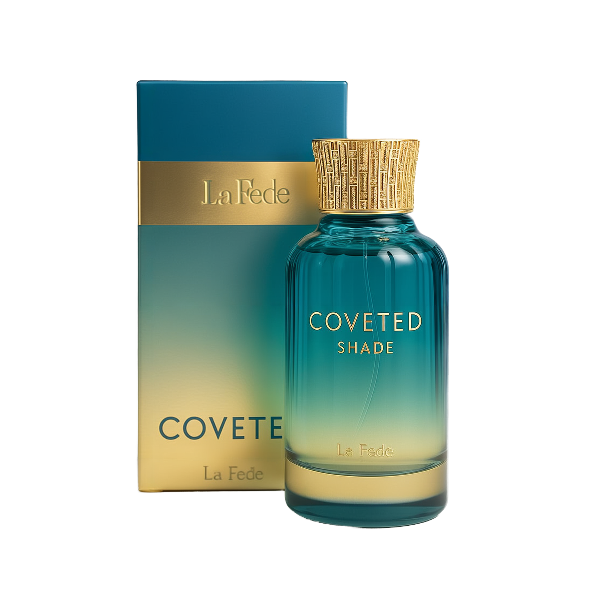 A bottle and packaging of Coveted Shade Eau De Parfum by La Fede. The perfume bottle features a gradient design transitioning from teal blue at the top to a golden hue at the bottom, with gold embossed text reading "COVETED SHADE" and "La Fede." It has a textured, cylindrical gold cap with an intricate pattern. The box beside it mirrors the bottle's color scheme, with a gold band across the top section bearing the "La Fede" logo.