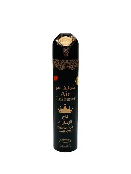The image displays an air freshener can labeled "CROWN OF EMIRATES." The can is black with gold text and accents, featuring a decorative pattern near the top and a crown symbol above the words "CROWN OF EMIRATES." It also has "Air Freshener" written in English in the center with Arabic script above it. The top of the can has a gold-colored cap with a diamond-shaped emblem. The design of the can conveys a sense of luxury and is set against a white background to highlight the product's appearance.