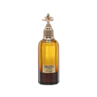 The image shows a bottle of "CRYSTA OUD" by Zimaya, a luxury fragrance. The bottle is tall with a rectangular base and rounded shoulders, filled with a rich amber-colored liquid. It features a thick, dark brown base that lightens as it reaches the top. The cap is a distinctive spray nozzle with a textured ring and an ornate, gold-toned decorative element on top that looks like a stylized flower. 