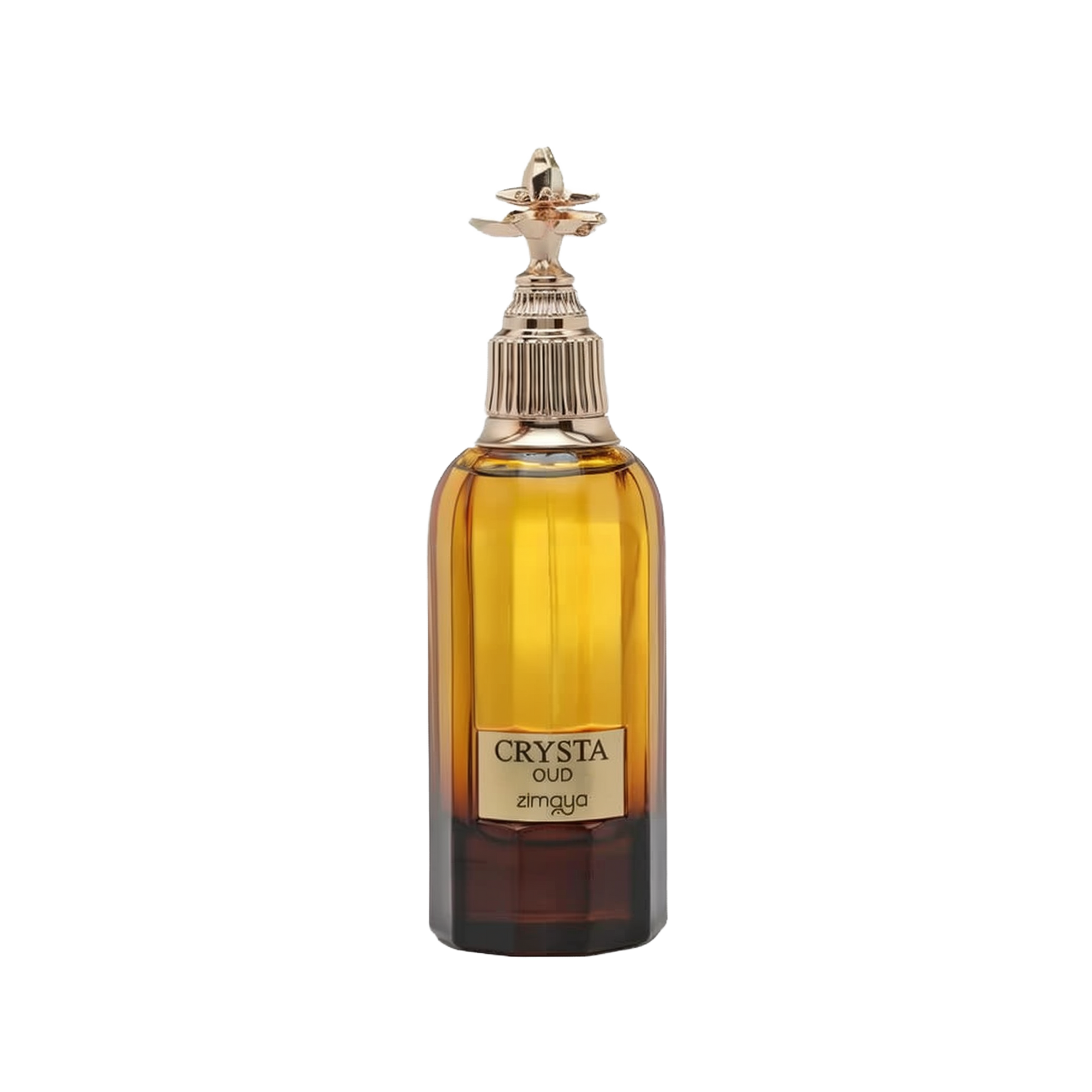 The image shows a bottle of "CRYSTA OUD" by Zimaya, a luxury fragrance. The bottle is tall with a rectangular base and rounded shoulders, filled with a rich amber-colored liquid. It features a thick, dark brown base that lightens as it reaches the top. The cap is a distinctive spray nozzle with a textured ring and an ornate, gold-toned decorative element on top that looks like a stylized flower. 