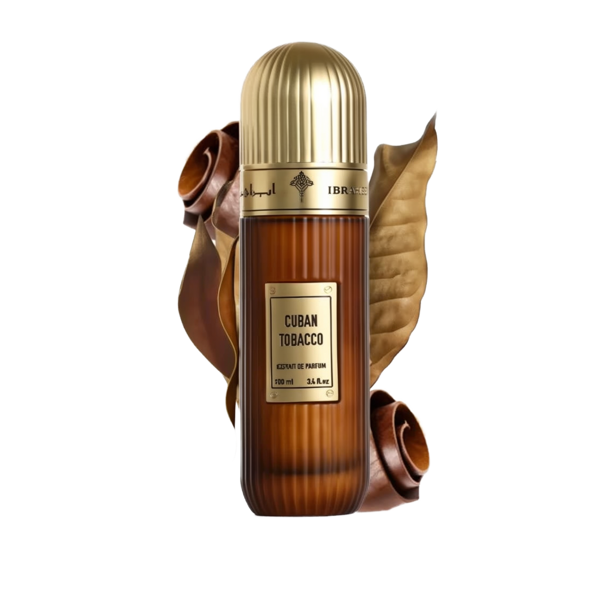 The image displays a bottle of "Cuban Tobacco" Extrait de Parfum by Ibraheem Al Qurashi. The fragrance bottle has a gradient brown design that simulates the look of a tobacco leaf, topped with a gold-colored cap. The label on the bottle is rectangular with the name of the scent prominently displayed in white against a dark background.