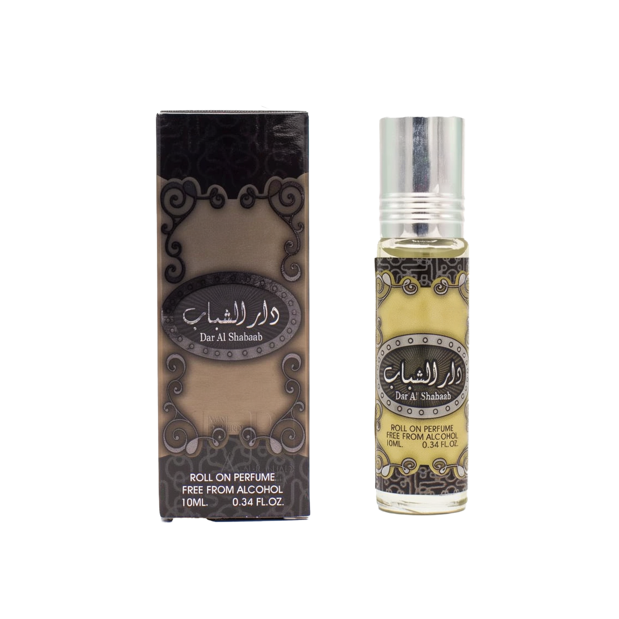 A 10ml roll-on perfume bottle and its packaging. The bottle has a silver cap and a label with Arabic script and the text "Dar Al Shabaab" below it. The packaging box features similar decorative patterns and the same text.