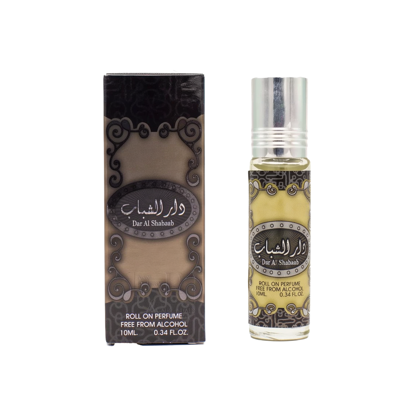 A 10ml roll-on perfume bottle and its packaging. The bottle has a silver cap and a label with Arabic script and the text "Dar Al Shabaab" below it. The packaging box features similar decorative patterns and the same text.
