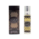 A 10ml roll-on perfume bottle and its packaging. The bottle has a silver cap and a label with Arabic script and the text "Dar Al Shabaab" below it. The packaging box features similar decorative patterns and the same text.