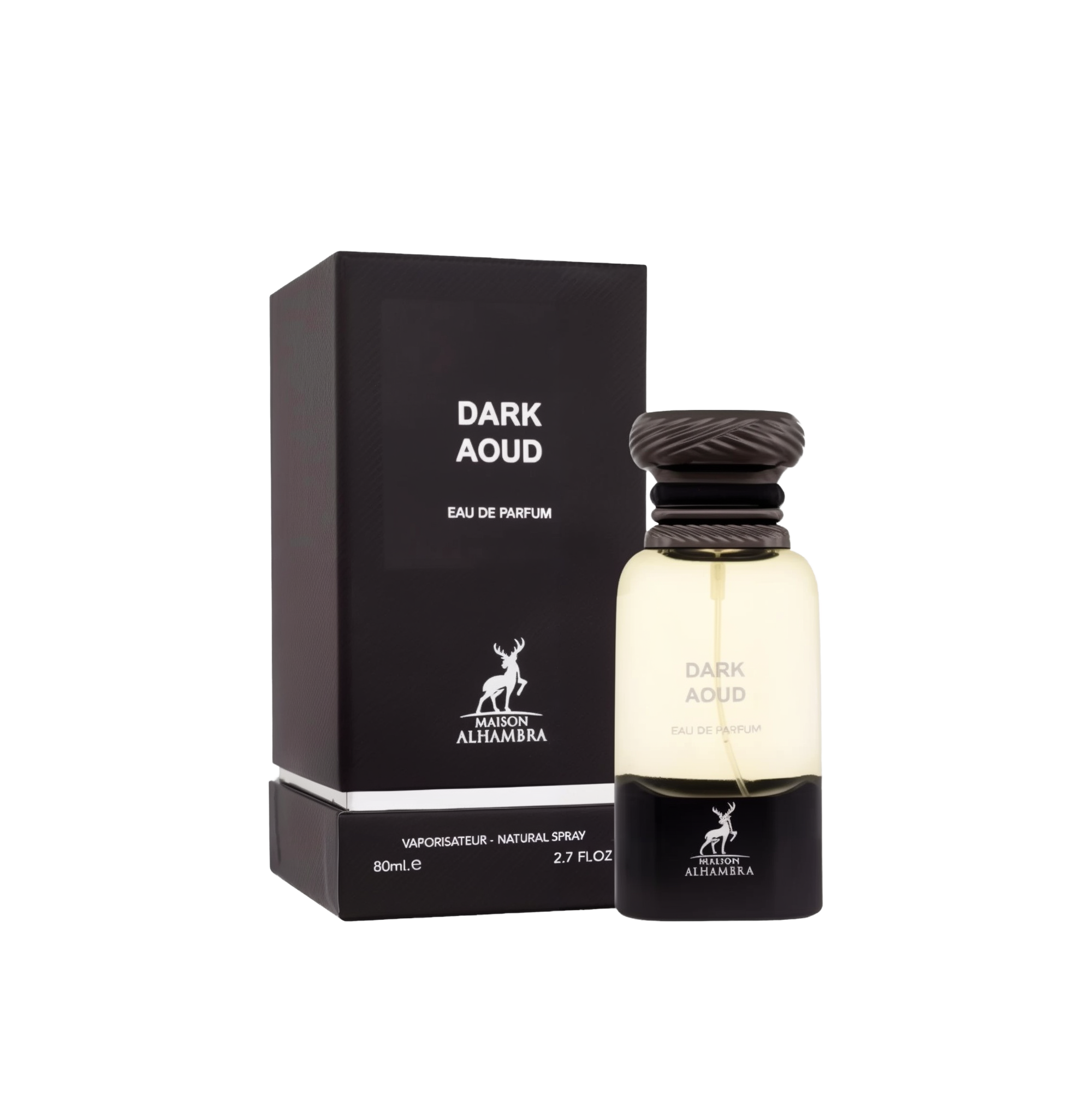 A translucent perfume bottle with a dark, textured cap, labeled “Dark Aoud Eau De Parfum” by Maison Alhambra, shown next to a matching black box featuring the same name and brand logo.