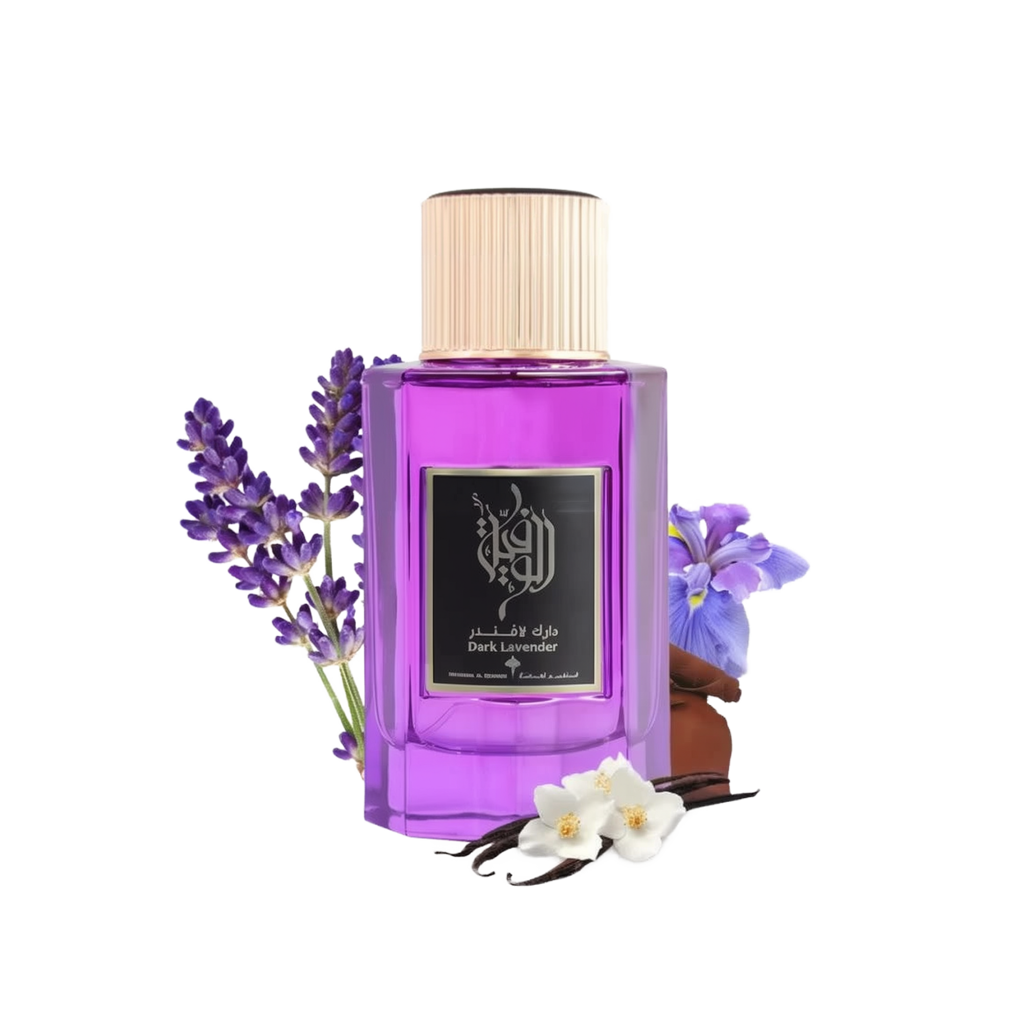The image features a bottle of "Dark Lavender" perfume by Ibraheem Al Qurashi. The bottle is made of glass with a vibrant purple color and is capped with a gold-colored top. The front label has Arabic calligraphy and the name of the scent in English. Adjacent to the bottle are sprigs of purple lavender, a few vanilla pods, and white flowers, which are likely to be part of the fragrance's notes.