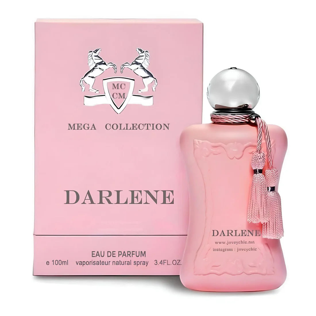 Darlene by Mega Collection - a charming pink perfume bottle with a silver cap, adorned with elegant pink tassels, paired with a matching pink box. The bottle features a curvy design with embossed details, emphasizing its feminine and sophisticated appeal.