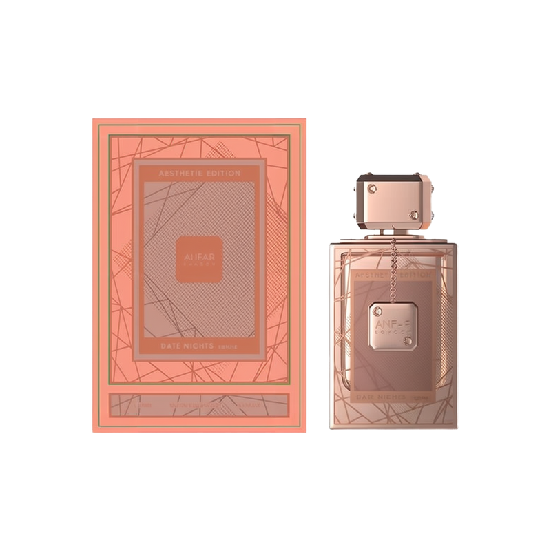 The image features the "Date Nights Femme Extrait De Parfum" from the "Aesthetic Edition" by Anfar. The perfume bottle has a sophisticated rose-gold metallic finish, adorned with intricate geometric patterns that add an elegant touch. It is topped with a 