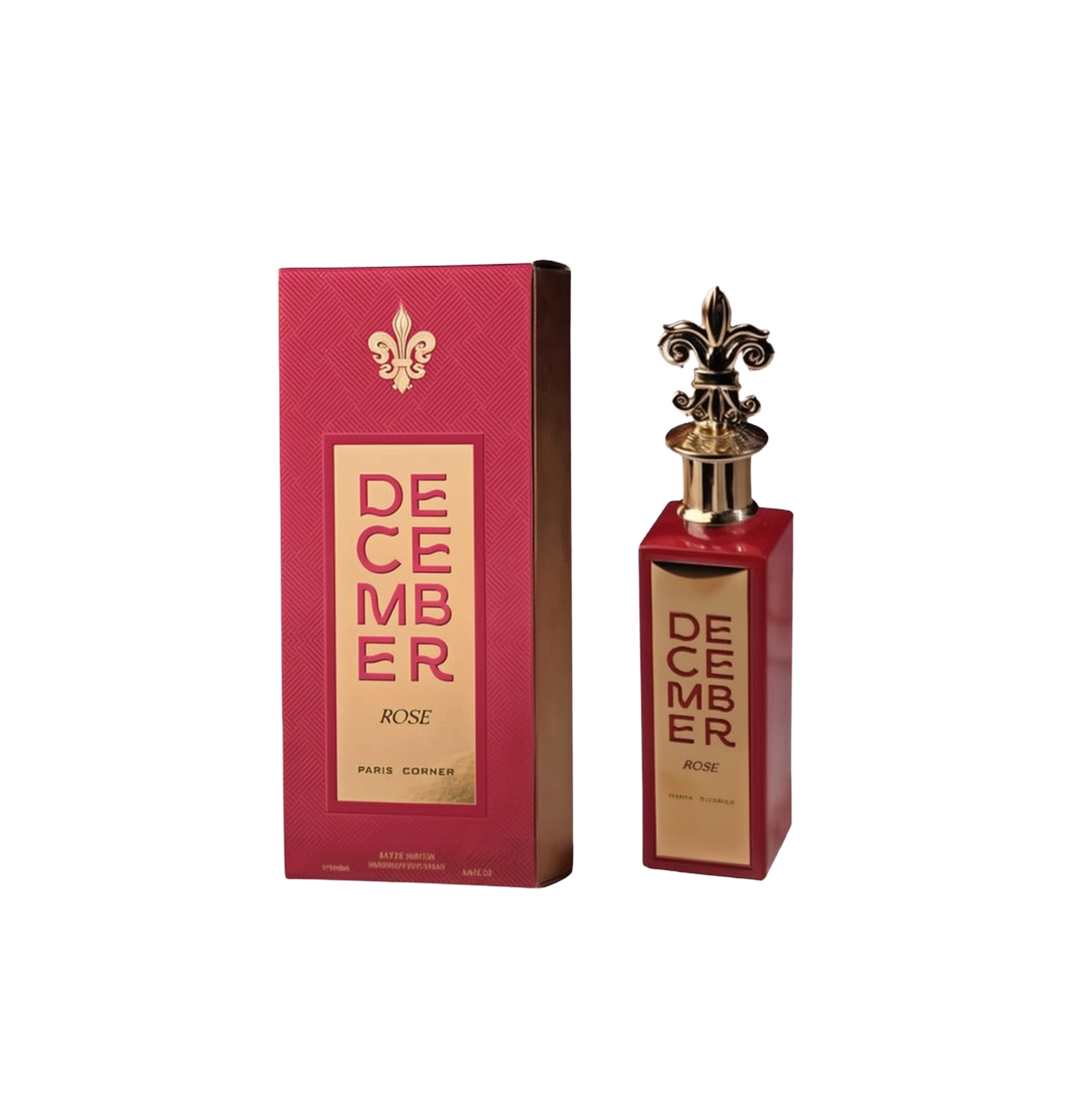 A tall, rectangular red perfume bottle with a gold fleur-de-lis–shaped cap and a vertical gold label reading “December Rose” by Paris Corner, shown next to its matching red box featuring the same gold accents and branding.