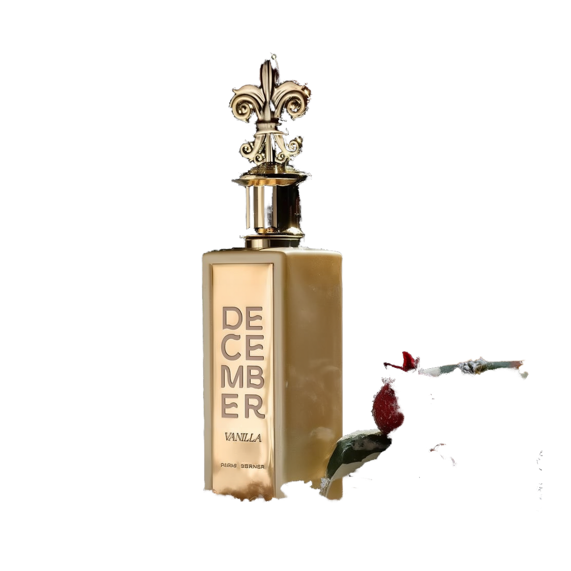 A luxurious perfume bottle standing upright on a snowy surface. The bottle is golden, with the name "December Vanilla" engraved vertically on the front. It features a decorative gold 