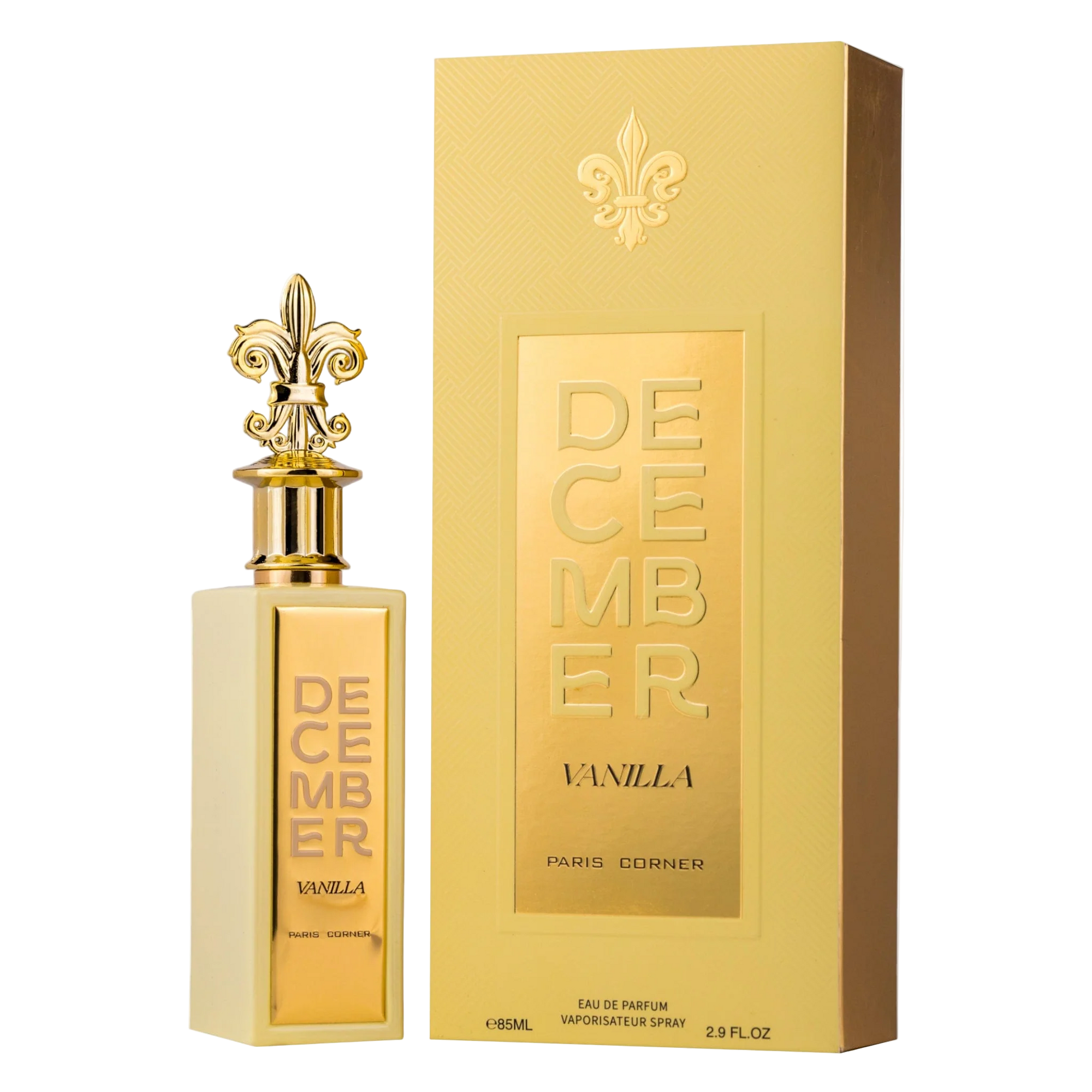 Gold perfume bottle and packaging with 'December Vanilla' text