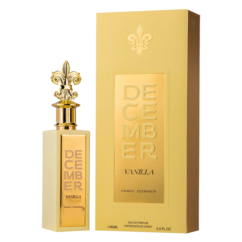 Gold perfume bottle and packaging with 'December Vanilla' text