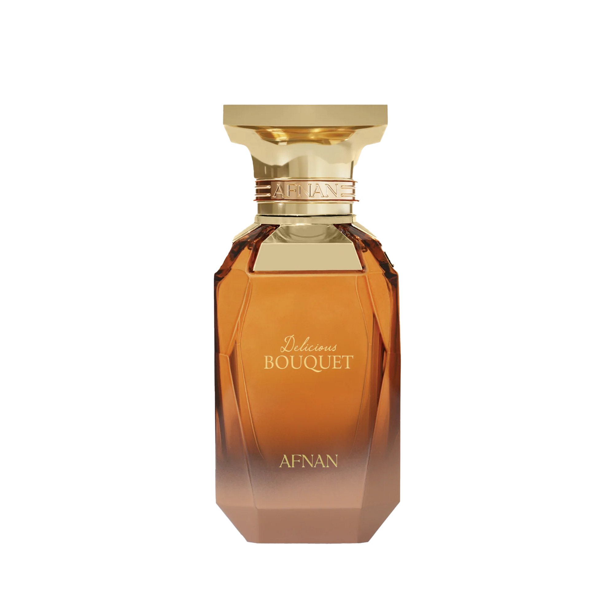Amber-toned faceted perfume bottle with gold cap and Delicious Bouquet Afnan branding.