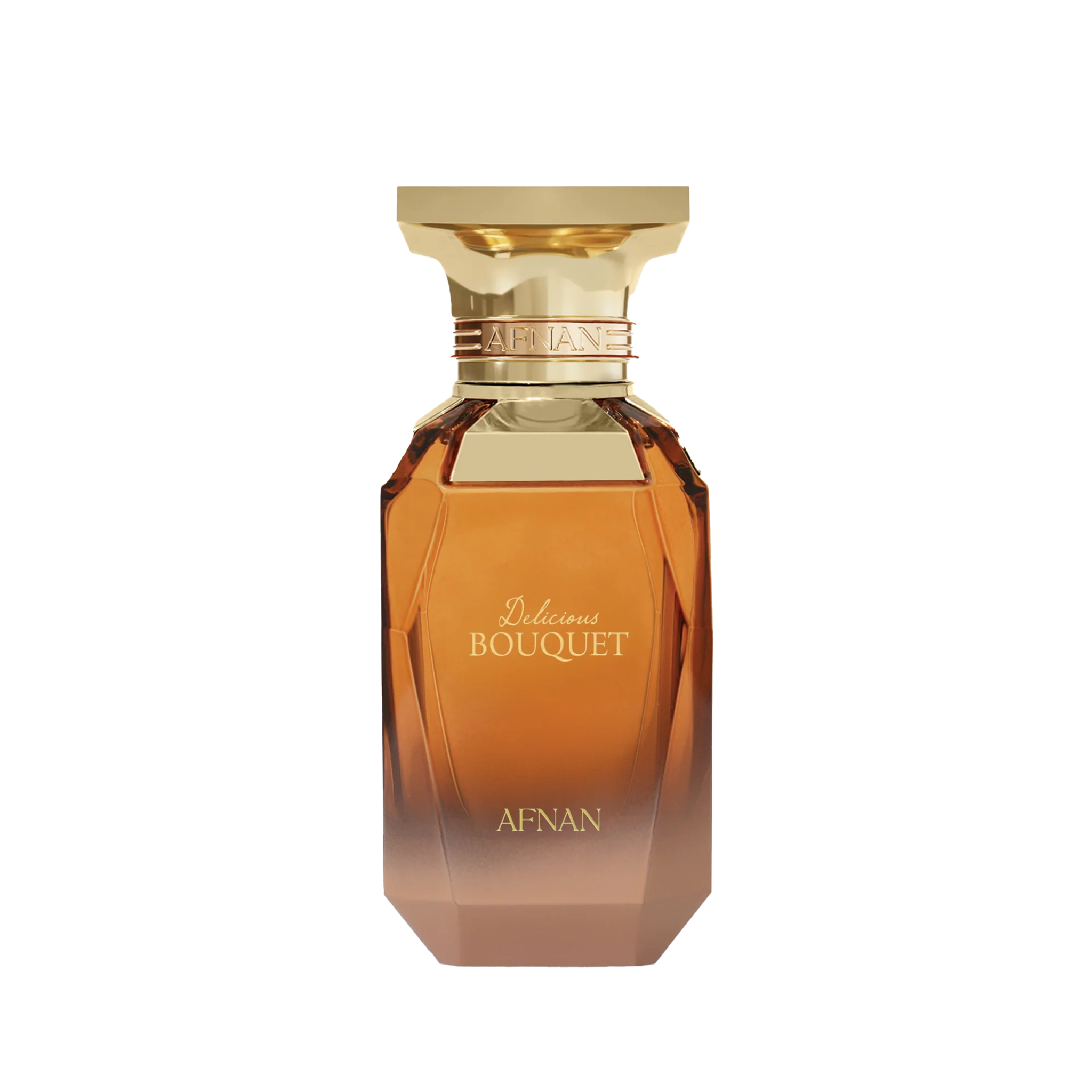 Amber-toned faceted perfume bottle with gold cap and Delicious Bouquet Afnan branding.
