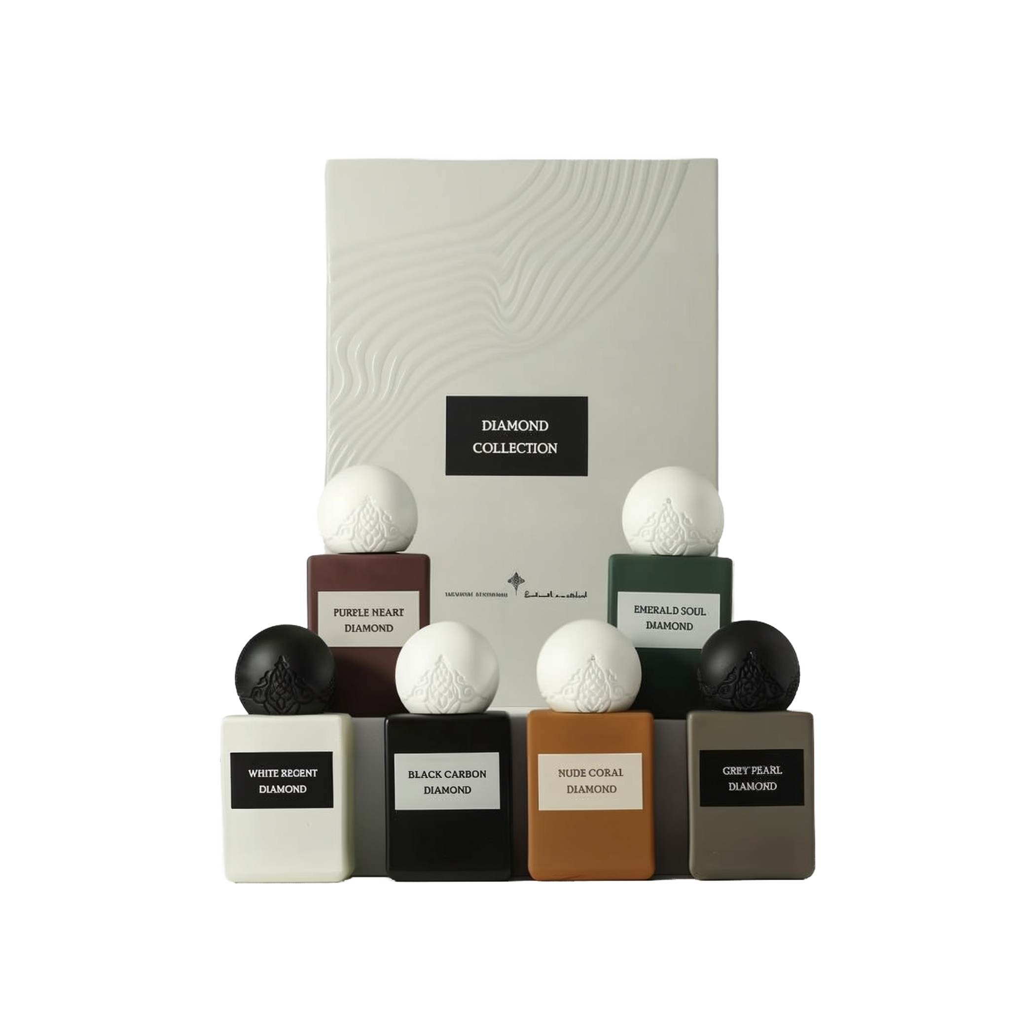 A boxed set of the Diamond Collection Mini perfumes by Ibraheem Al-Qurashi, featuring seven compact bottles arranged in two rows. Each bottle has a quilted texture and is uniquely colored with either white or black spherical caps. The visible fragrances include: Purple Heart Diamond (maroon), Emerald Soul Diamond (emerald green), White Regent Diamond (white), Black Carbon Diamond (black), Nude Coral Diamond (coral orange), and Grey Pearl Diamond (grey). 