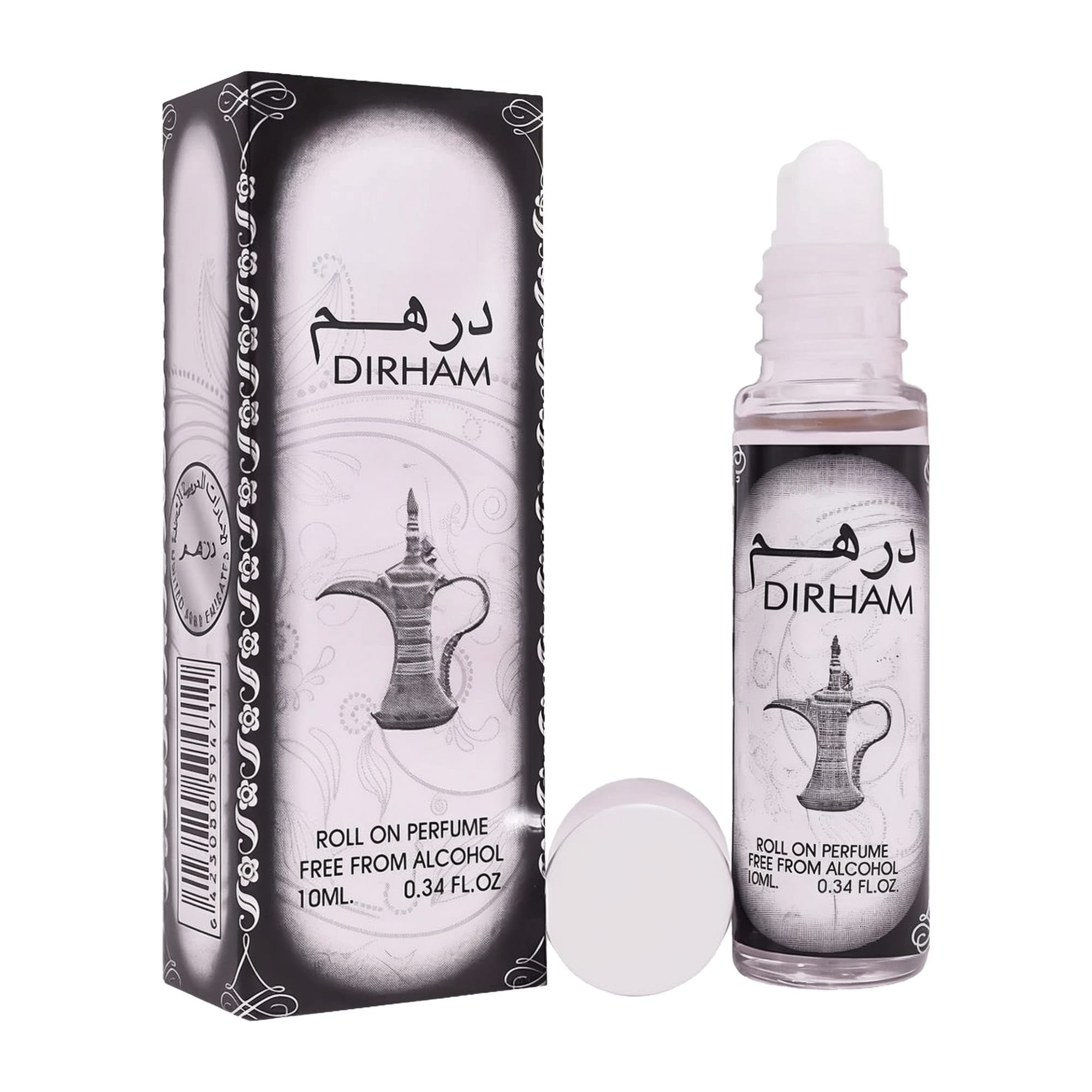 Dirham roll-on perfume oil bottle and matching box in black and white design.
