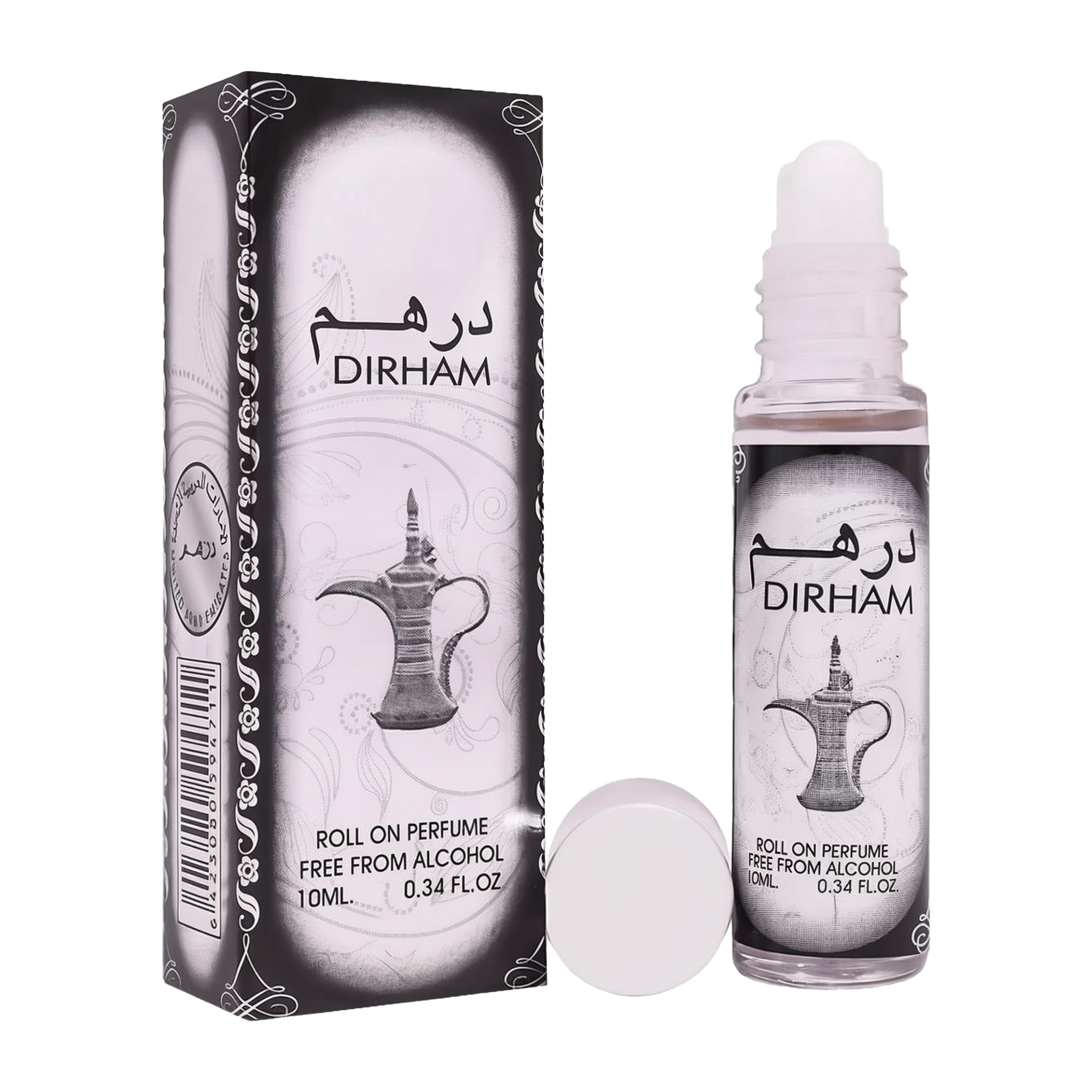 Dirham roll-on perfume oil bottle and matching box in black and white design.