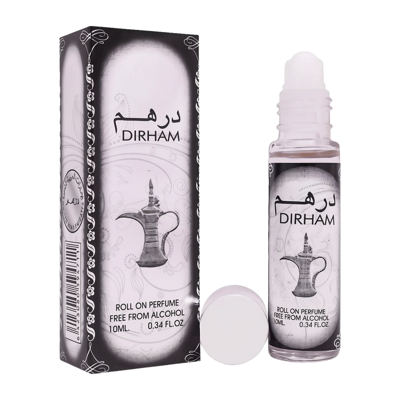 Dirham roll-on perfume oil bottle and matching box in black and white design.