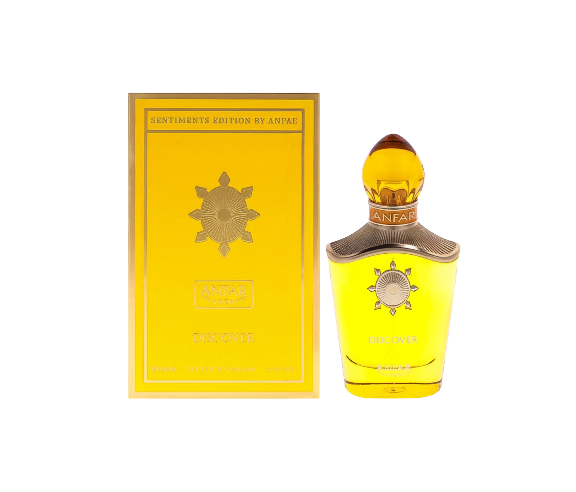 A translucent, golden-yellow perfume bottle with a curved shape and an amber-like dome cap, adorned with a sun emblem on the front. It’s shown beside a bright yellow box labeled “Sentiments Edition by Anfar 1950 Discover,” featuring gold accents and branding.