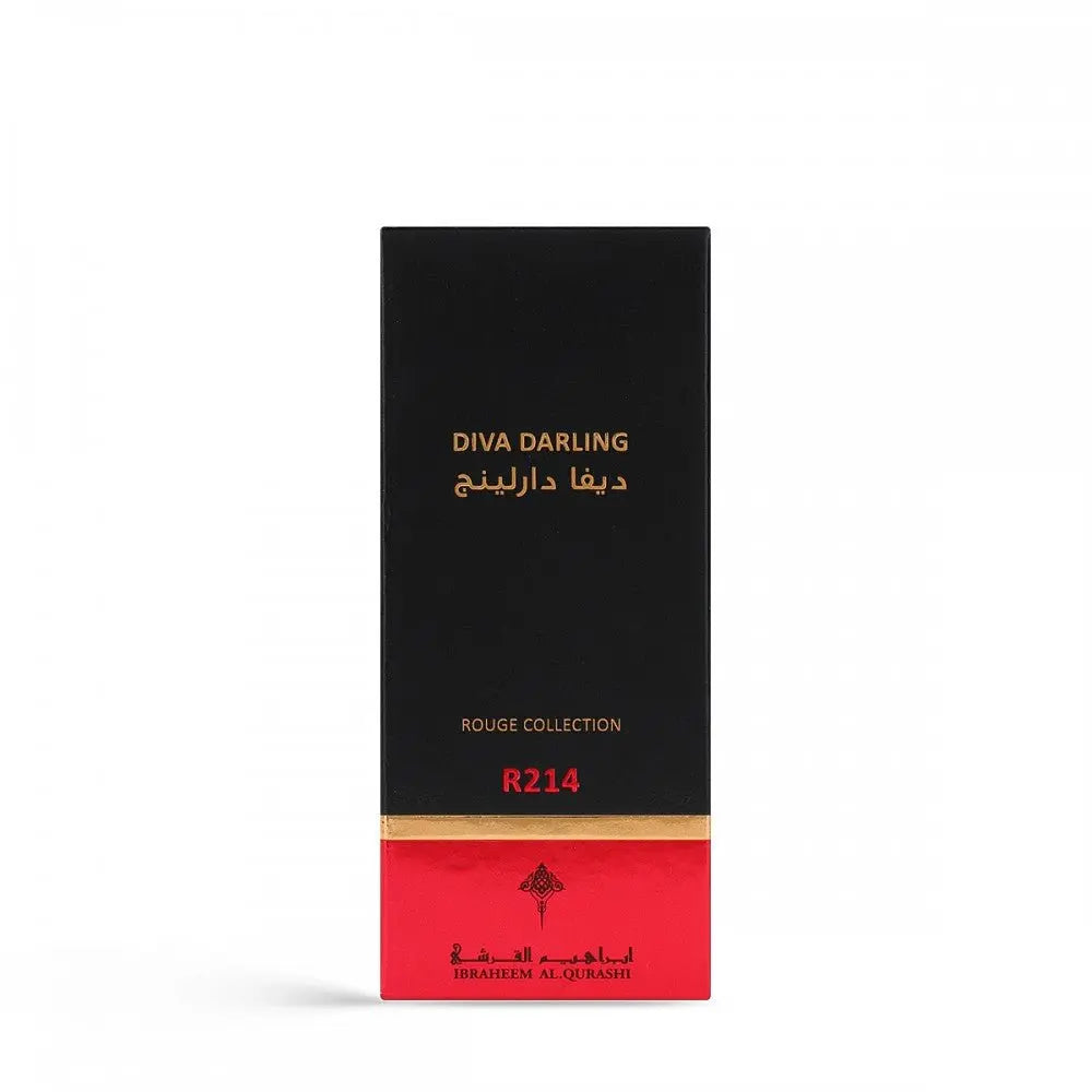 The image depicts the packaging of "Diva Darling" perfume from the Rouge Collection by Ibraheem Al Qurashi. The box is predominantly black with gold text featuring the perfume's name and the Arabic translation above it. A red band at the bottom of the box includes the reference number "R214" in white text, along with the brand's logo in gold.