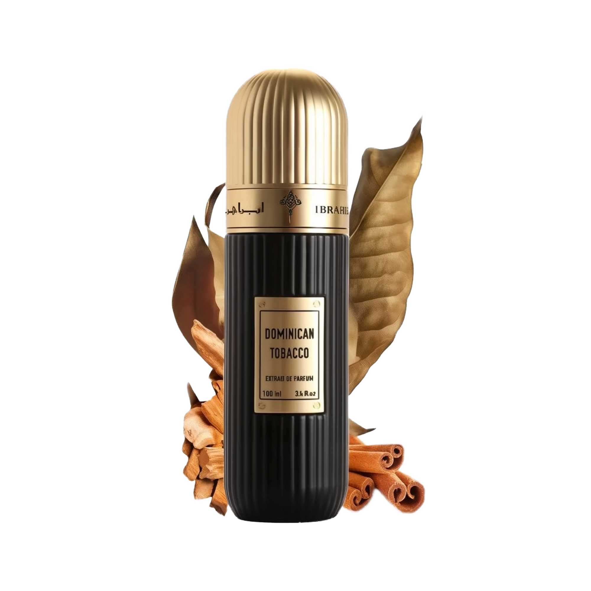 A cylindrical black perfume bottle with a gold cap, labeled "DOMINICAN TOBACCO" in white text, and "Extrait de Parfum 100 ml 3.4 fl.oz" in smaller white text. It has an Arabic inscription and the brand name "IBRAHEEM AL QURASHI" at the top. The bottle is presented in front of two large dried tobacco leaves and rests on a surface with scattered cinnamon sticks. The background is white, emphasizing the product.