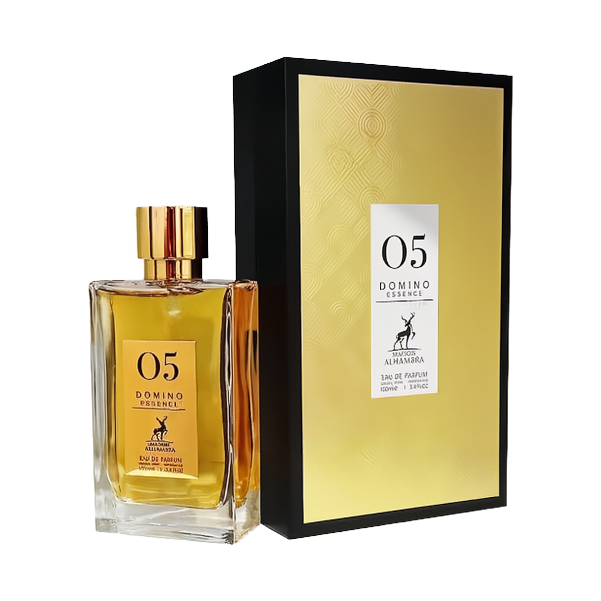 The image features a product named "05 Domino Essence" by Maison Alhambra. The product is an Eau de Parfum that comes in a transparent rectangular glass bottle with a gold-colored cap. The label on the bottle is golden with black text, displaying the bran