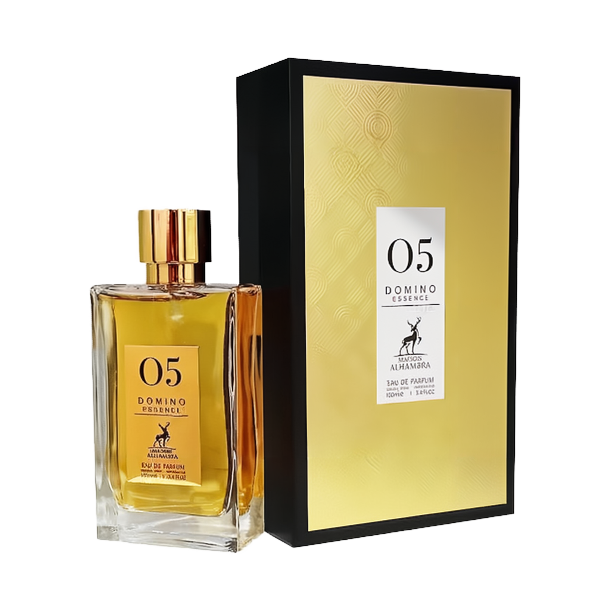The image features a product named "05 Domino Essence" by Maison Alhambra. The product is an Eau de Parfum that comes in a transparent rectangular glass bottle with a gold-colored cap. The label on the bottle is golden with black text, displaying the bran