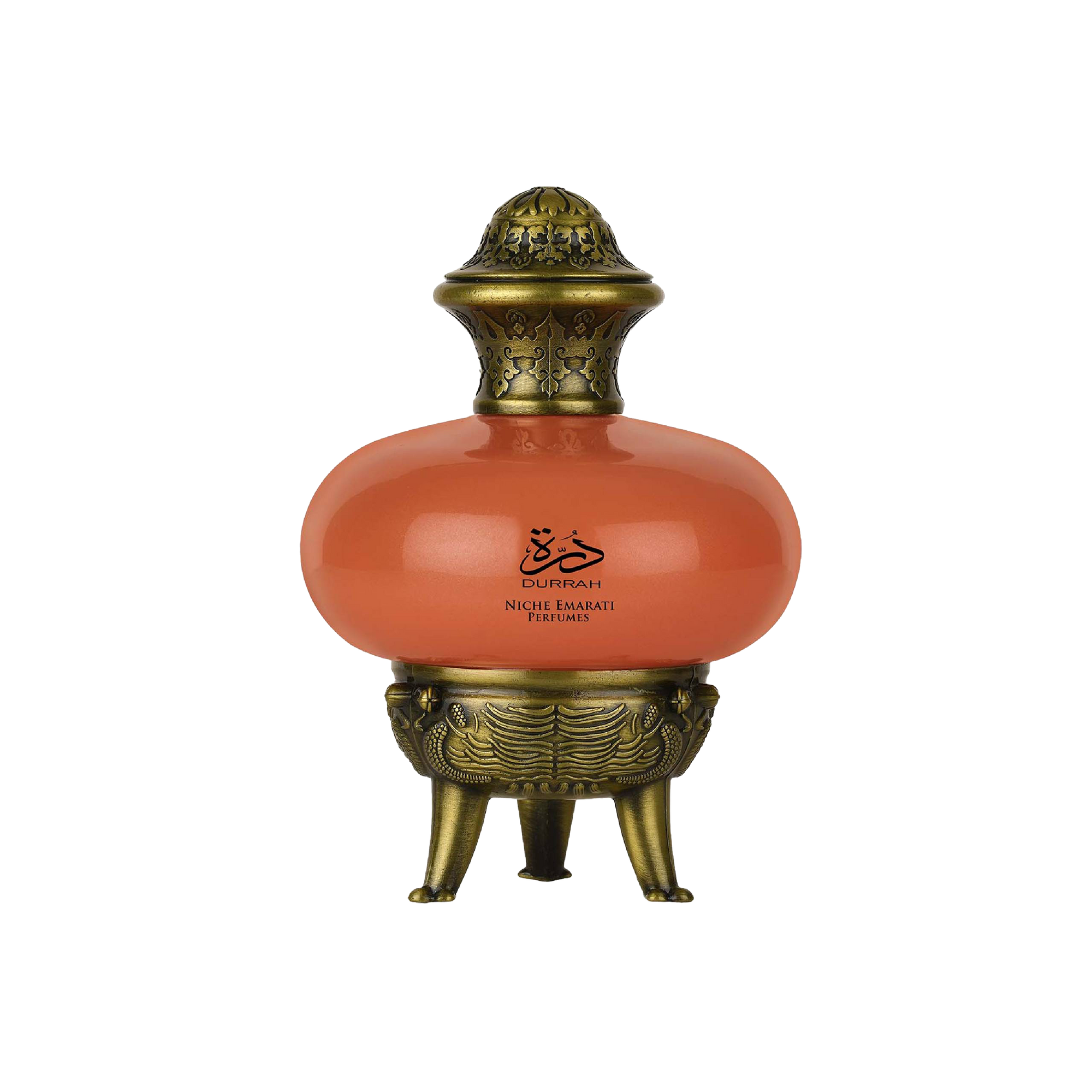 Durrah by Niche Emarati Perfumes Lattafa in a coral-colored round bottle with ornate antique gold cap and decorative tripod base.