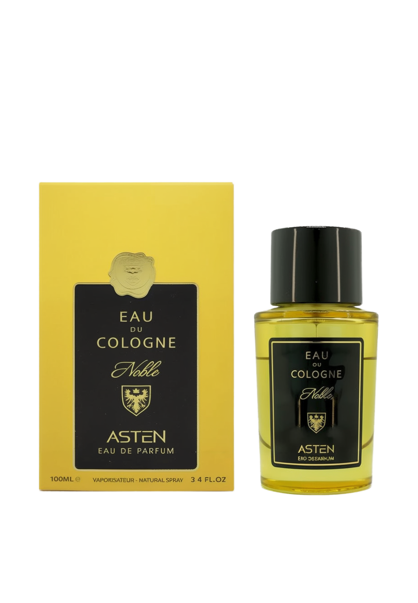 A round glass perfume bottle filled with a golden-hued fragrance and topped by a glossy black cap. It features a black label with gold text reading “Eau Du Cologne Noble” by Asten Eau De Parfum. The bottle is shown beside a matching yellow box with a black panel and gold emblem.