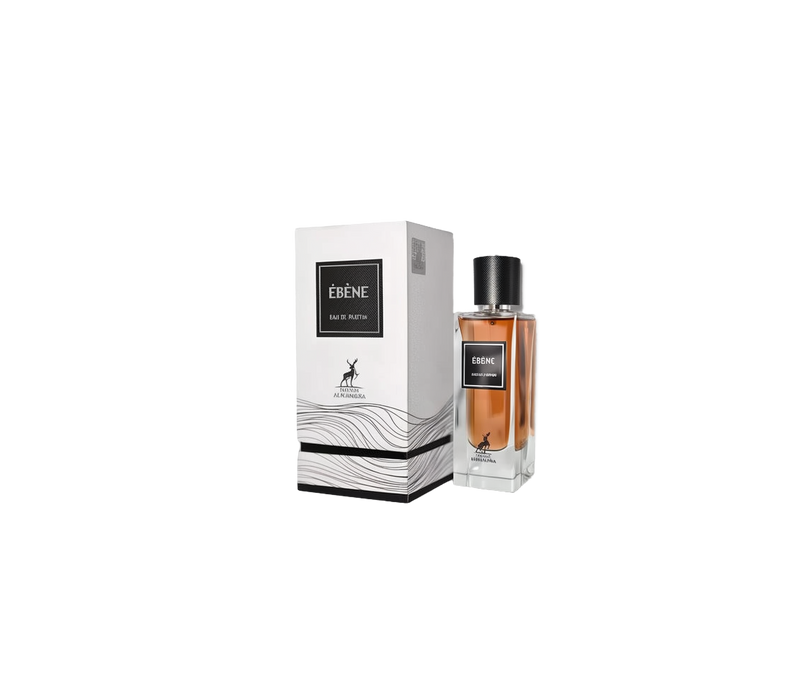 A clear rectangular perfume bottle with a black cap, containing an amber-hued fragrance labeled “Ébène Eau De Parfum” by Maison Alhambra, shown next to a white box featuring black lettering and a wave-like pattern.