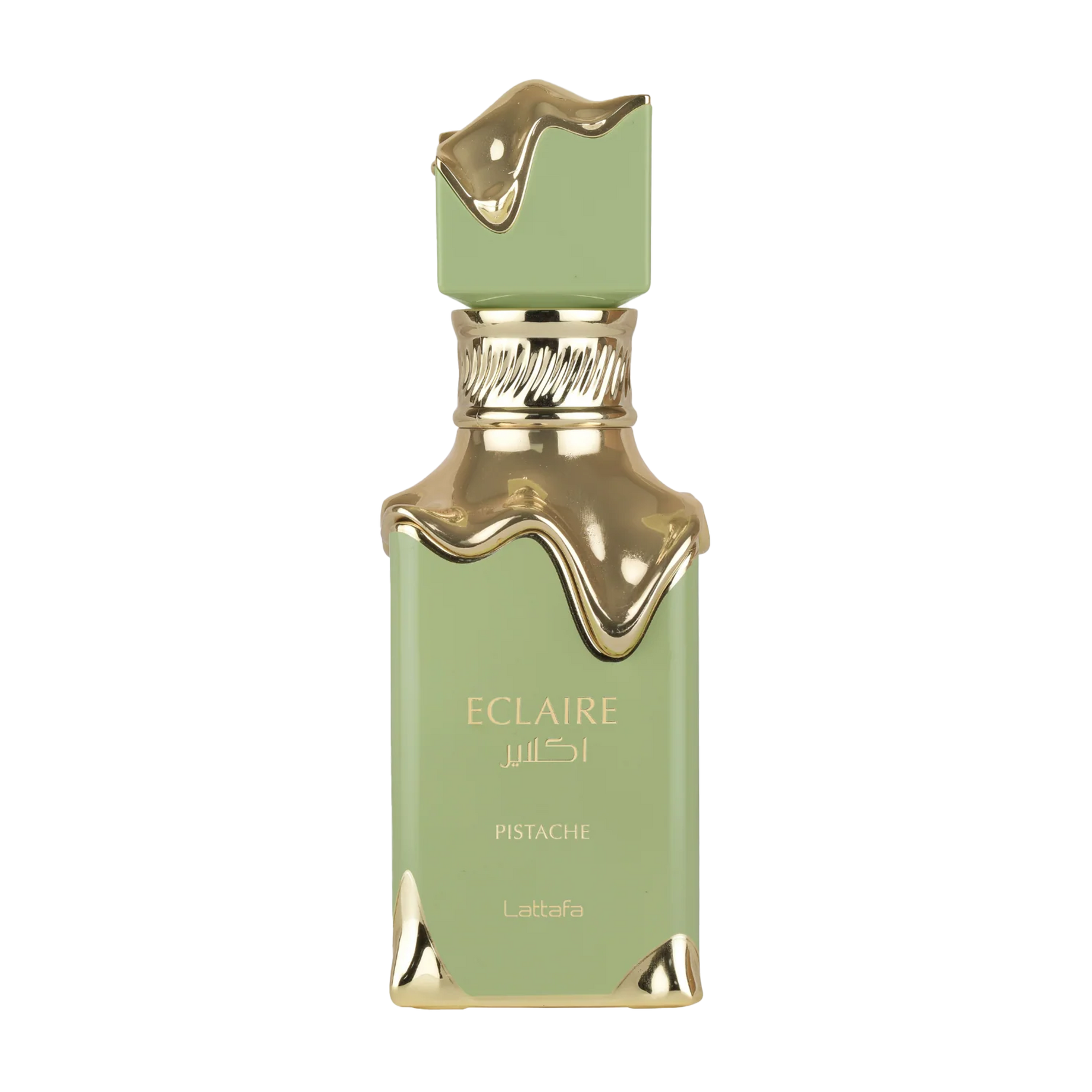 Green Lattafa Eclaire Pistache perfume bottle with gold molten-style cap and accents.
