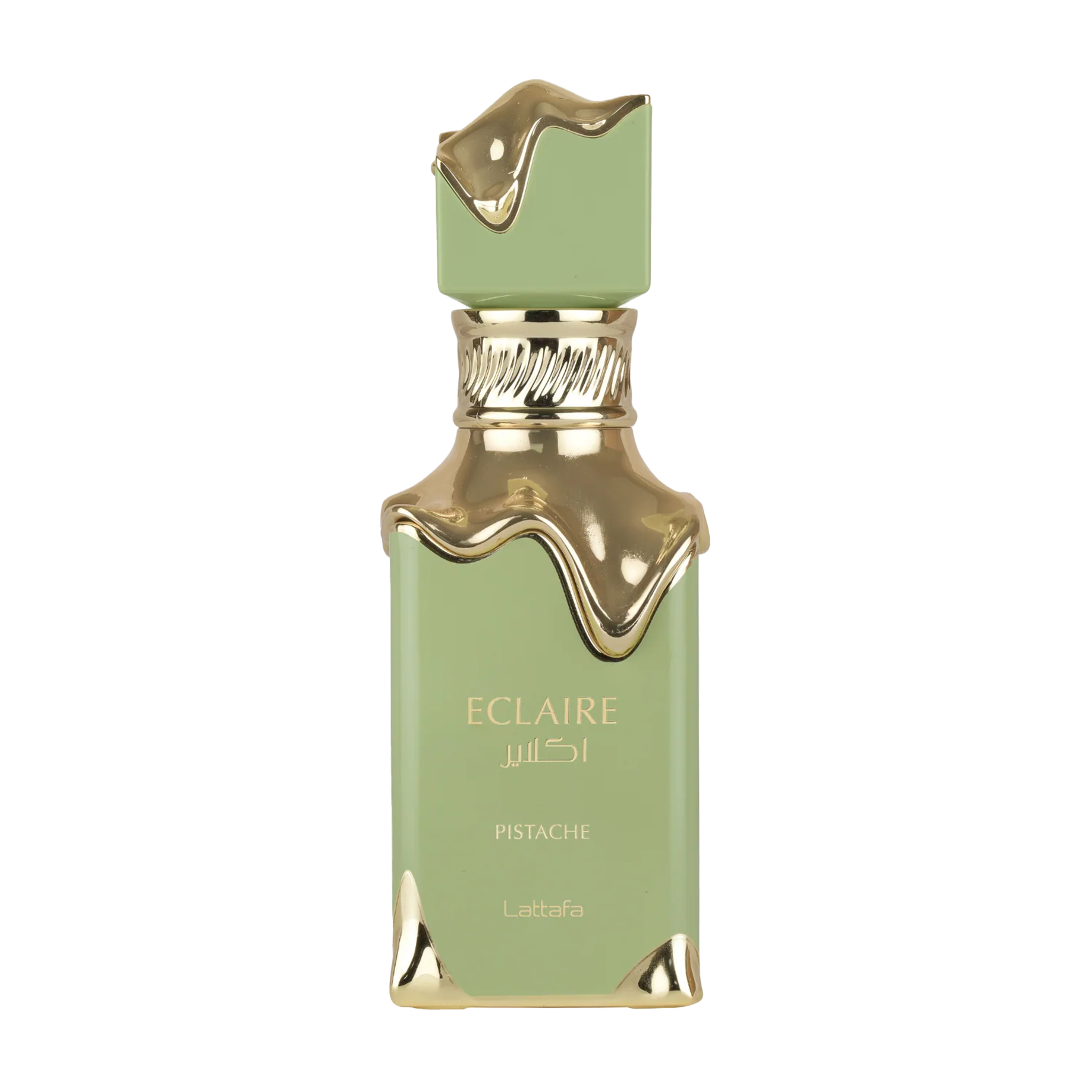 Green Lattafa Eclaire Pistache perfume bottle with gold molten-style cap and accents.