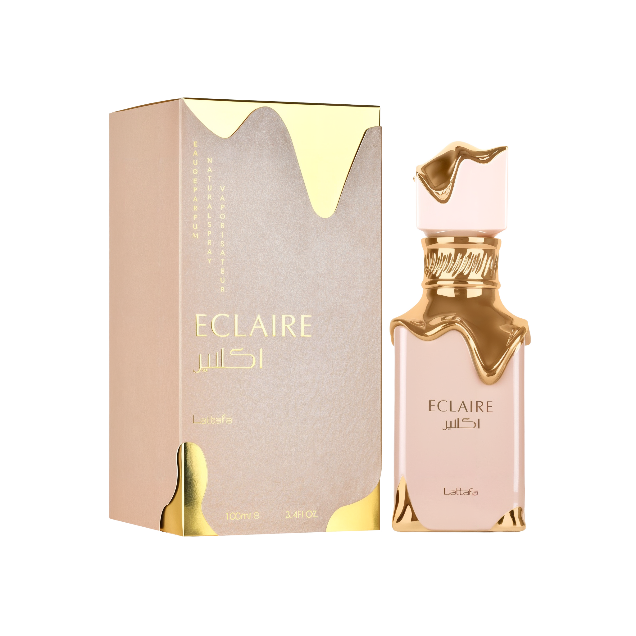 A tall, light-beige perfume bottle with gold drips adorning the cap and collar, displayed next to its matching beige-and-gold box labeled “Eclaire” by Lattafa.