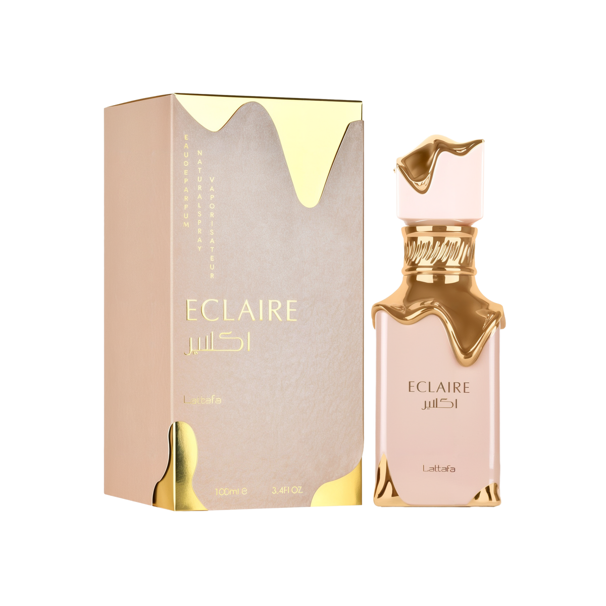 A tall, light-beige perfume bottle with gold drips adorning the cap and collar, displayed next to its matching beige-and-gold box labeled “Eclaire” by Lattafa.