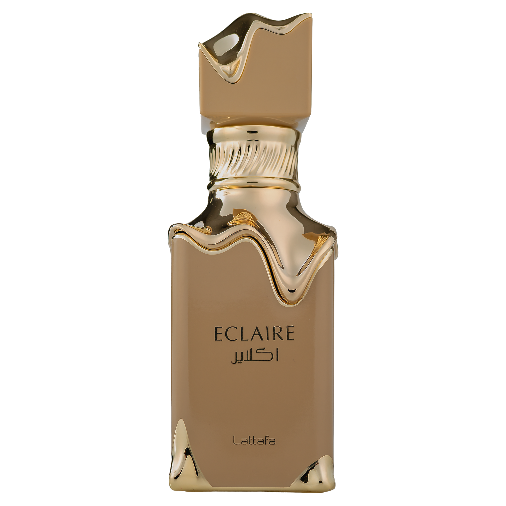Eclaire by Lattafa, a tan perfume bottle with prominent melted gold detailing around the neck and base.