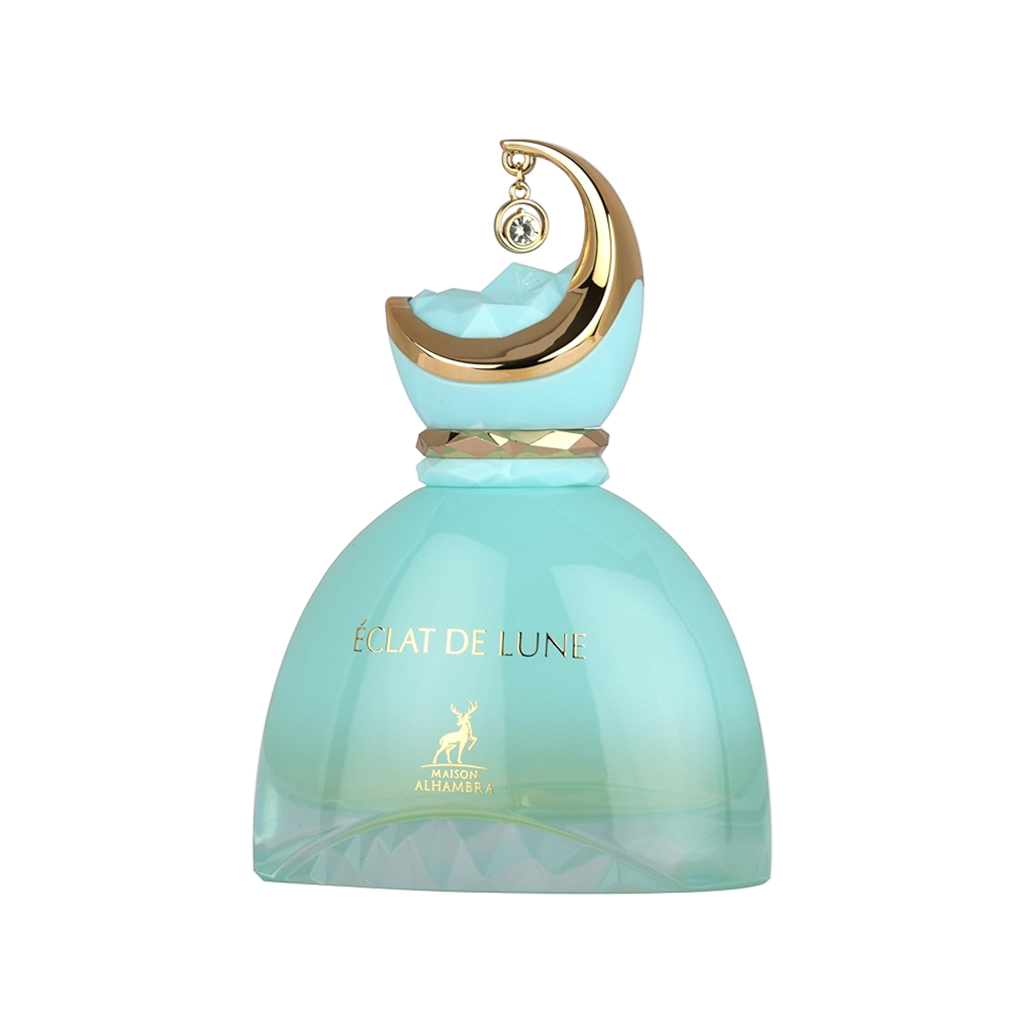 Turquoise perfume bottle with gold crescent moon cap and crystal charm, labeled Éclat de Lune by Maison Alhambra.