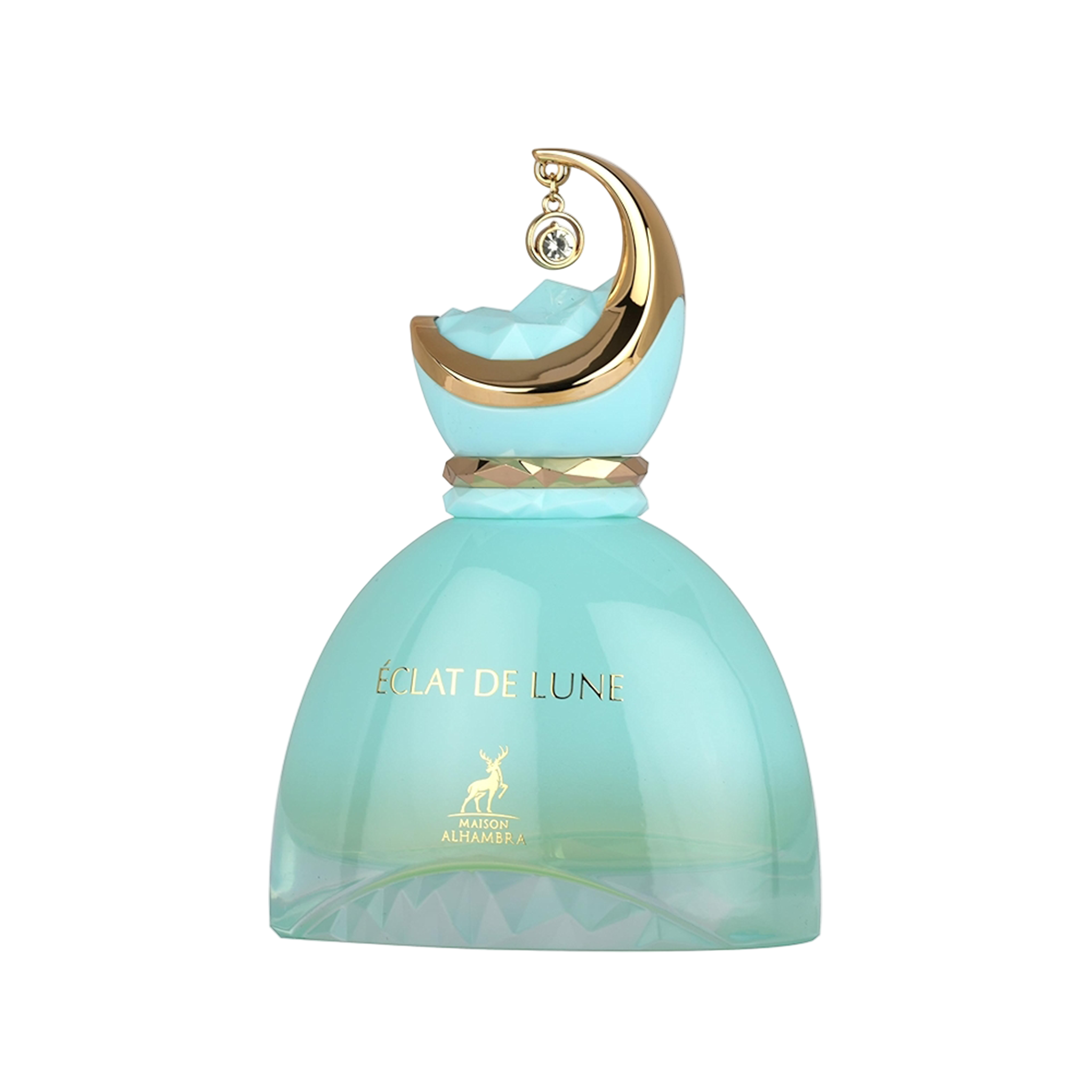 Turquoise perfume bottle with gold crescent moon cap and crystal charm, labeled Éclat de Lune by Maison Alhambra.