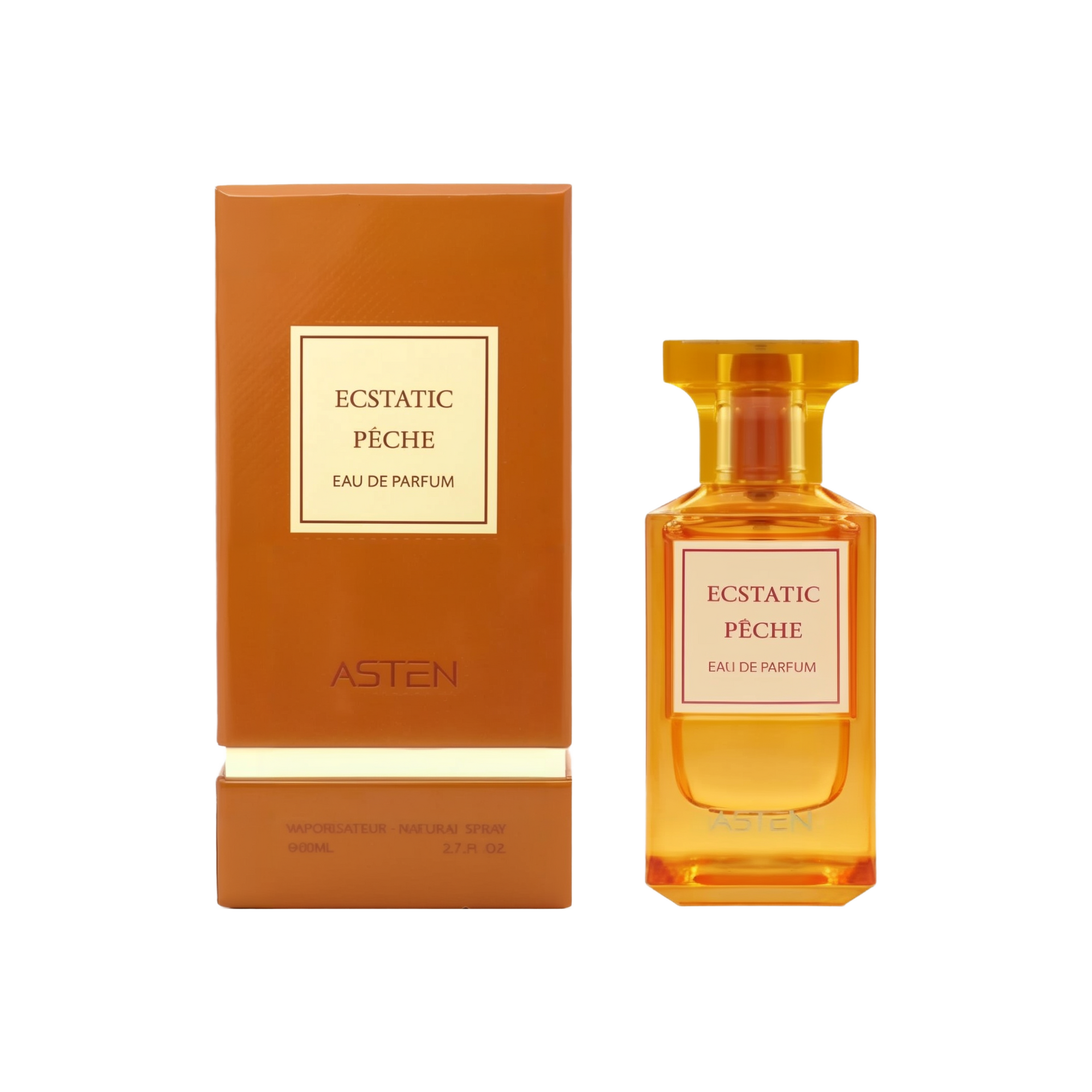 A translucent, warm orange rectangular perfume bottle with a matching square cap, labeled “Ecstatic Pêche Eau De Parfum,” shown next to its orange box featuring the same cream-colored label and the ASTEN brand name.