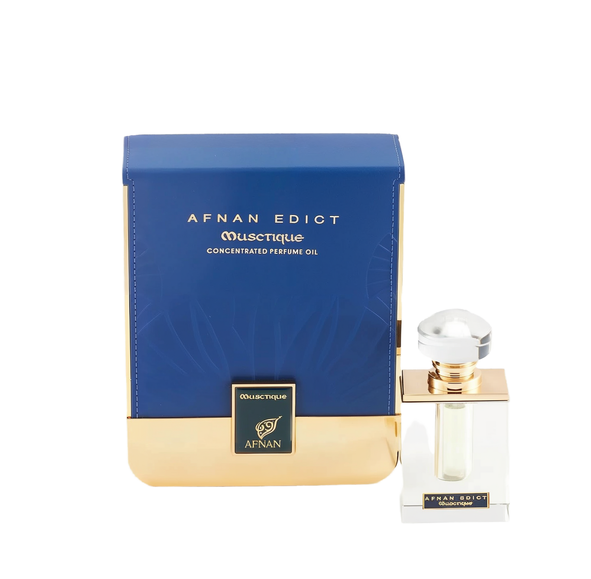 The image shows a perfume product with its packaging. The perfume bottle is clear with a square base and features a golden band around the neck, topped with a large, round, clear cap. The front label is minimalistic, with the name "AFNAN EDICT OUSCTIQUE" in a simple font. Next to the bottle is its box, which is predominantly navy blue with a textured pattern and a broad golden base.  The combination of navy blue and gold suggests a luxurious and sophisticated product.