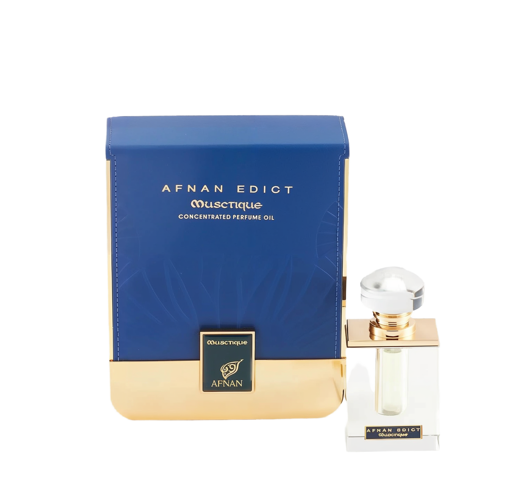 The image shows a perfume product with its packaging. The perfume bottle is clear with a square base and features a golden band around the neck, topped with a large, round, clear cap. The front label is minimalistic, with the name "AFNAN EDICT OUSCTIQUE" in a simple font. Next to the bottle is its box, which is predominantly navy blue with a textured pattern and a broad golden base.  The combination of navy blue and gold suggests a luxurious and sophisticated product.
