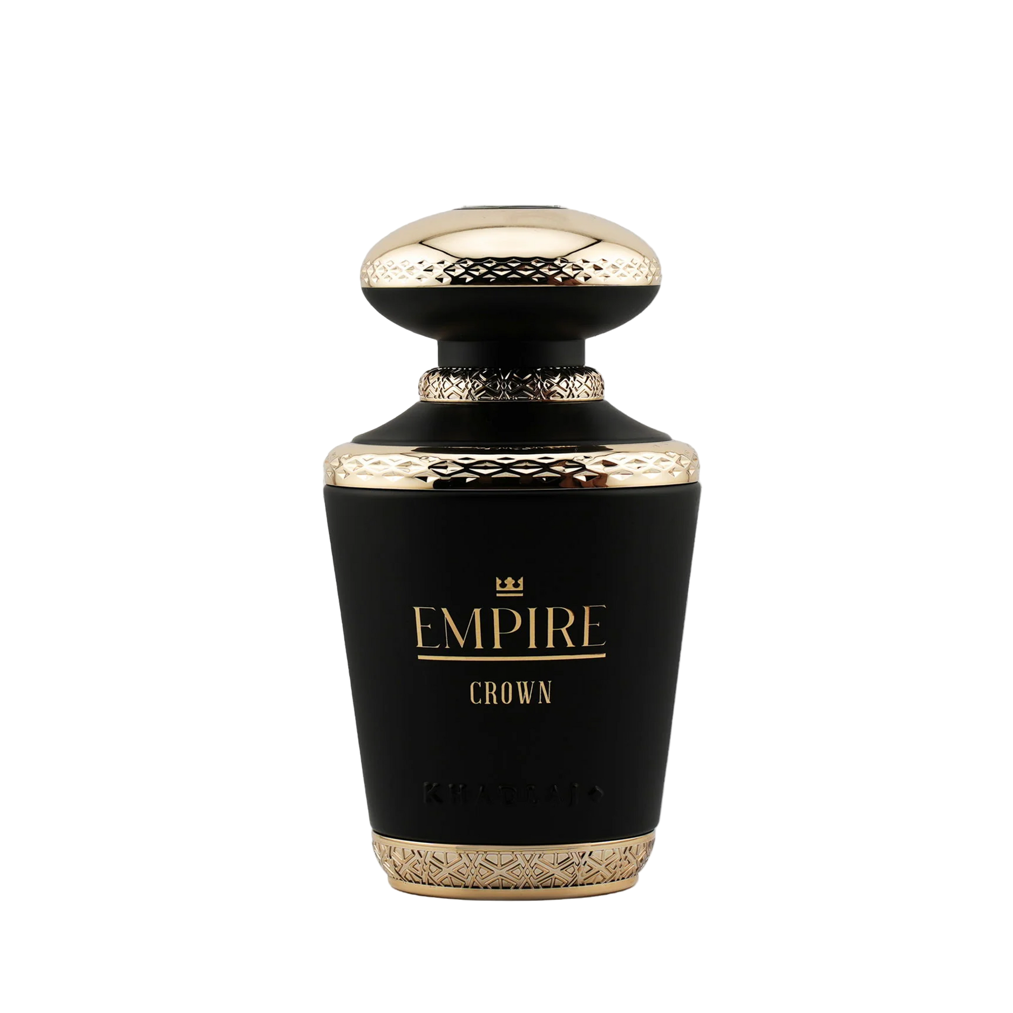 Khadlaj Empire Crown fragrance bottle in matte black and gold, featuring intricate patterns on the cap and base, studio shot.