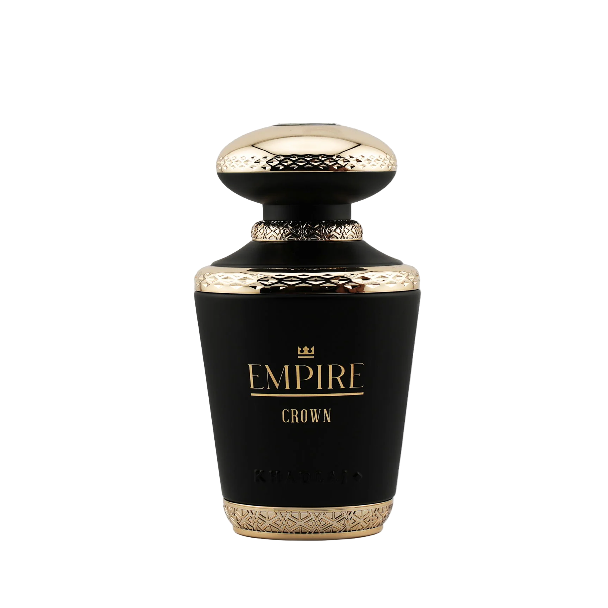 Khadlaj Empire Crown fragrance bottle in matte black and gold, featuring intricate patterns on the cap and base, studio shot.